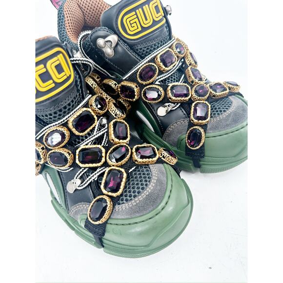 Gucci Flashtrek Chunky Green Gray Leather Crystal Embellished Sneakers Size 36.5 - Picture 2 of 9